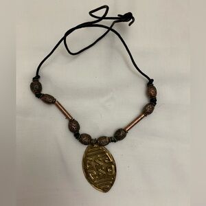 Handcrafted Brass Pendant Necklace with Copper Beads - Brown/Gold